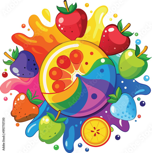 Colorful cartoon fruits with rainbow splashes and juice drops