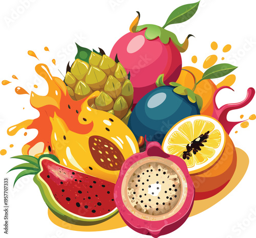 Colorful illustration of various fresh fruits with juice splashes isolated on white background