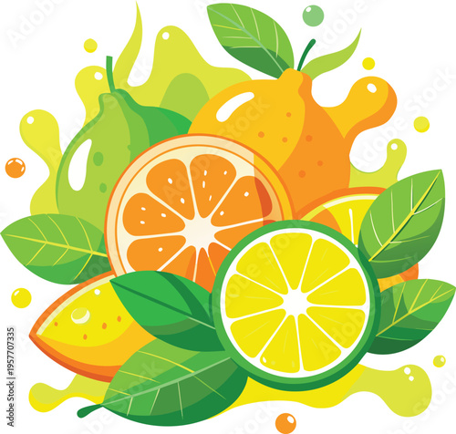 Cartoon illustration of oranges and lemons with green leaves on white