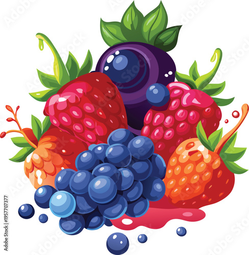 Colorful illustration of mixed berries with leaves and juice splatters