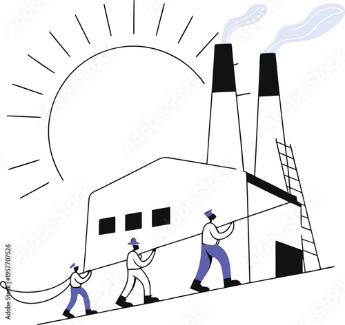 Three workers pulling a large rope attached to a factory building with smokestacks emitting smoke under sunny conditions