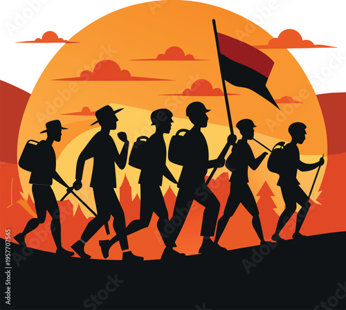 Silhouette of people hiking with backpacks and flag at sunset