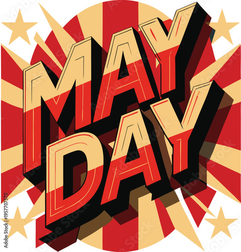 May Day celebration graphic design with red and yellow rays and stars