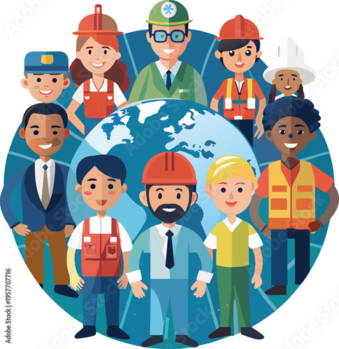 Diverse group of people wearing different work uniforms and helmets standing around the Earth globe  teamwork and collaboration concept