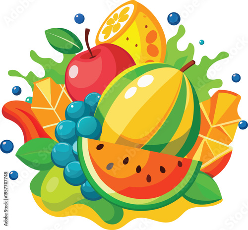 Colorful cartoon illustration of various fresh fruits and juice splashes
