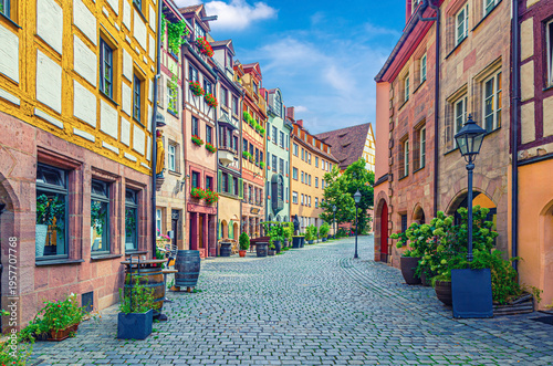 Old town Nuremberg city historical center, pedestrian street Tanner's Lane Weißgerbergasse with old medieval buildings colorful half-timbered houses, Middle Franconia region, Bavaria state, Germany
