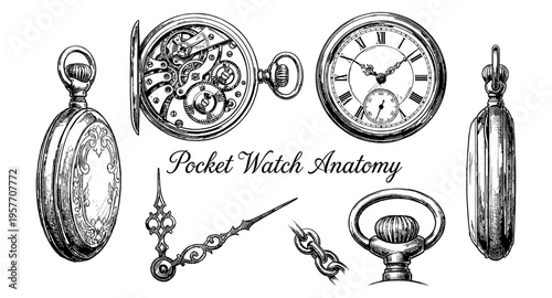 Detailed illustration of pocket watch components and their intricate mechanisms