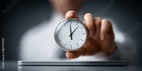 Professional hand holding clock for time management concept