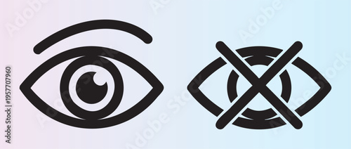 Eye and crossedout eye icon for vision and blindness concept