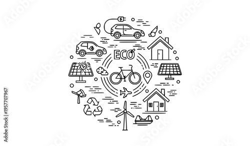 Minimal eco travel icon circle sustainable transport solar home thin line vector design