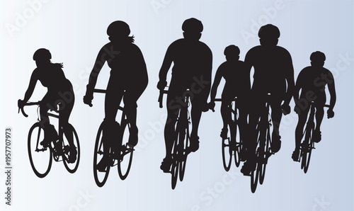 Group of cyclists riding together in a formation silhouette
