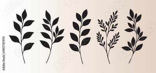 Five decorative leafy branches in elegant minimalist design