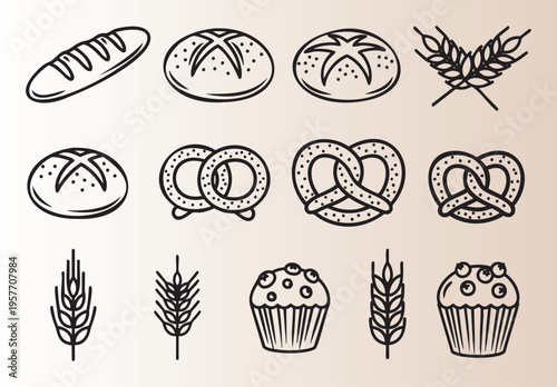 Handdrawn bakery and bread icons set isolated illustration