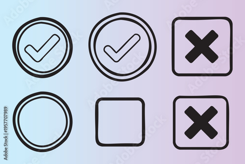 Handdrawn checkmark and cross icons in geometric shapes
