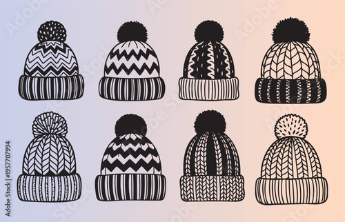 Handdrawn knit winter beanies collection with pompoms isolated illustration