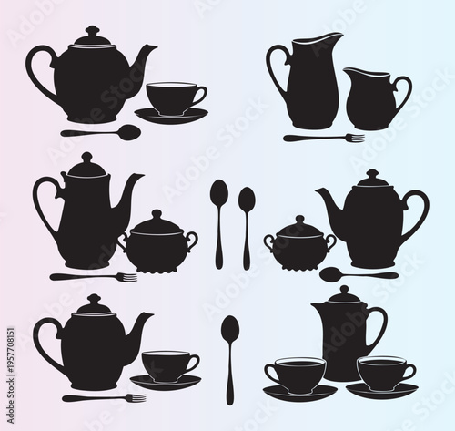 Vintage teaware and cutlery silhouettes in elegant styles