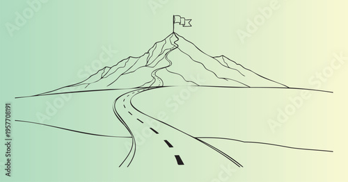 Winding mountain road leading to a summit with flag