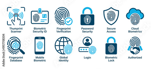 Set of twelve blue and black icons representing biometric security, fingerprint scanning, and personal identification concepts like verification, secure access, and mobile login