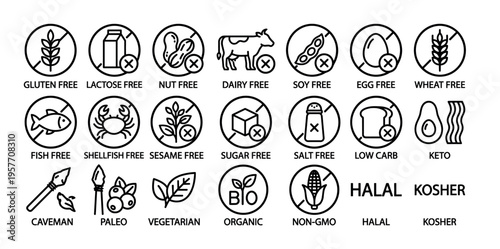 Comprehensive collection of black outline dietary restriction and allergy icons, clearly illustrating various food intolerances, lifestyle diets, and certified food standards