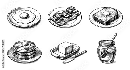 Hand-drawn breakfast icons featuring eggs, bacon, pancakes, toast, butter, and honey
