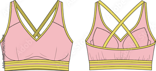Web"Pink sports bra front and back view with V-neckline, crisscross yellow straps, wide elastic band, breathable design, stylish fitness fashion activewear garment illustration"