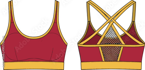 Web"Red sports bra front and back view with scoop neckline, crisscross yellow straps, breathable mesh panel, bold elastic band, modern fitness fashion activewear design"