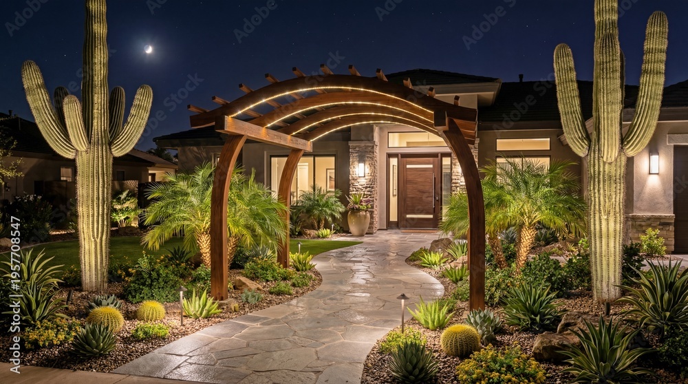 Obraz premium Luxury Desert Home Entrance with Saguaro Cacti and Illuminated Pergola at Night