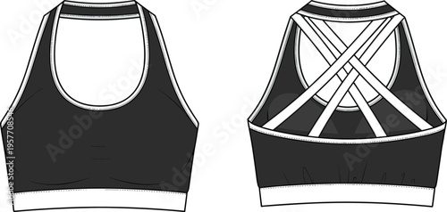 Web"Technical flat illustration of modern sports bra front and back view with crisscross strap racerback design, activewear garment emphasizing support, comfort, and style"
