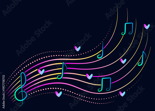 Neon musical note wave vector clipart on dark background. Musical notes, treble clef and hearts. Love to music, luminescent isolated illustration