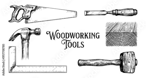Vintage woodworking tools and wood grain illustration in black and white sketch style