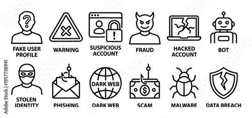 Set of black line icons representing cybersecurity threats like fraud, phishing, malware, and data breach, illustrating concepts of online crime and internet security risks in a simple vector style