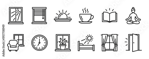 Set of black line icons representing a peaceful morning routine and home life, including a sunrise, coffee, reading, meditation, and cozy furniture in a minimalist style