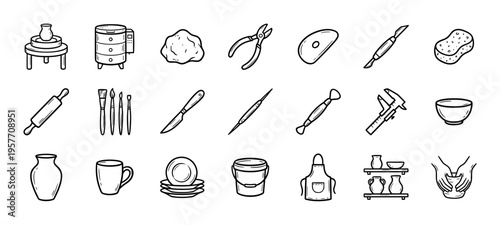 Black and white doodle icon set of pottery making equipment and ceramic craft supplies, including a wheel, kiln, clay, sculpting tools, apron, and handmade earthenware