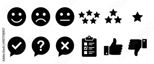 Black silhouette icon set for feedback includes emoticons, stars, thumbs up, and checklist symbols for customer satisfaction surveys and online reviews