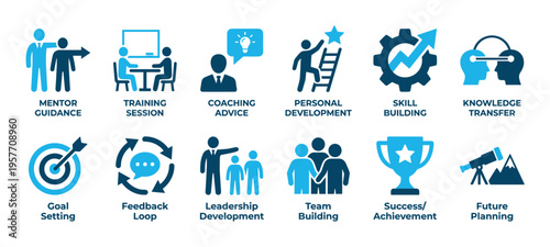Collection of blue business development icons representing concepts of mentorship, training, skill building, leadership, and success in a flat vector style