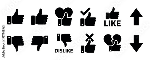 Collection of black social media icons including thumbs up, thumbs down, heart, and arrows for like, dislike, and voting, presented as a simple flat vector graphic set for feedback