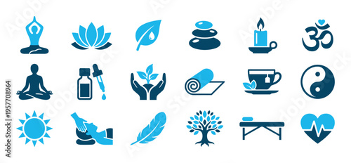 Set of blue wellness and spa icons featuring yoga, meditation, massage, and relaxation symbols for a healthy lifestyle concept, presented as a collection of flat vector pictograms