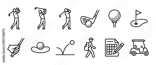 Twelve black and white golf line icons representing various aspects of the sport, including a golfer swinging, a ball on a tee, a club, a cart, and a scorecard