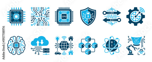 Comprehensive set of blue and white technology icons depicting modern digital concepts like AI, IoT, cybersecurity, and data processing, in a clean, illustrative style