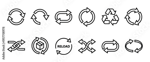 Set of twelve black outline arrow icons representing concepts like recycling, reloading, refreshing, and repeating, presented as a clean and modern graphic symbol collection