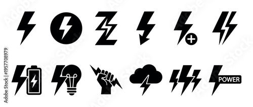 Set of black lightning bolt icons representing power, energy, electricity, and thunder in a minimalist flat vector graphic style for various design elements