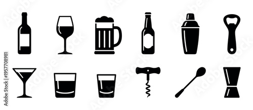 Various black silhouette bar and drink icons are neatly arranged in two rows, showcasing essential tools and glassware for cocktails, wine, and beer in a clean, graphic style