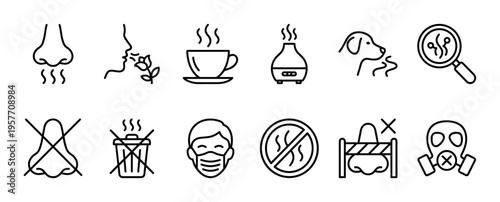 Set of black line icons representing smell, scent, and odor, with symbols for aroma, anosmia, bad smells, scent detection, and protective gear like face and gas masks