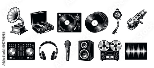 Collection of vintage music equipment icons including a gramophone, turntable, headphones, and microphone in a detailed black and white engraving style illustration set