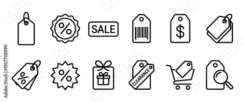 Collection of twelve black and white retail icons representing sales, discounts, price tags, barcodes, and clearance promotions in a simple and modern linear graphic style