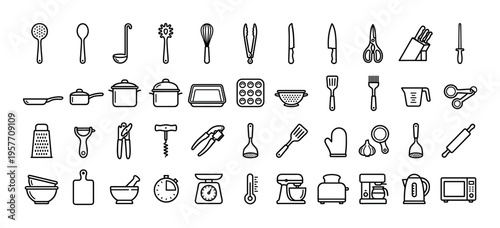 Large set of black line art kitchen utensil and cooking equipment icons including pots, pans, knives, and appliances arranged neatly in a grid for culinary design concepts