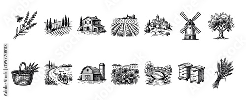 Hand-drawn collection of vintage farm and countryside illustrations with a barn, windmill, lavender, vineyard, and olive tree in a rustic, engraved style