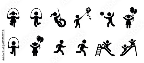 Set of black silhouette icons of children playing, jumping rope, flying a kite, running, and sliding on a playground in a simple graphic vector style illustration
