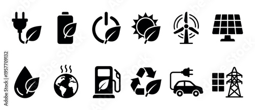 Twelve black flat vector icons depict sustainable energy and environmental concepts, presented in a clean, modern, and symbolic design featuring solar panels, wind turbines, electric cars