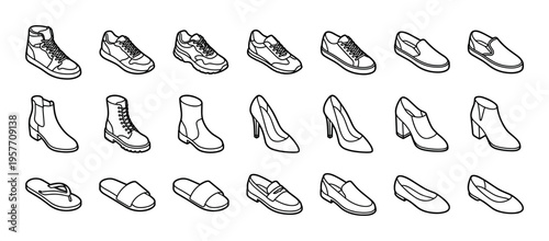 Diverse collection of outline isometric shoes and footwear, including sneakers, boots, heels, flats, and sandals, presented with a clean, minimalist line art style